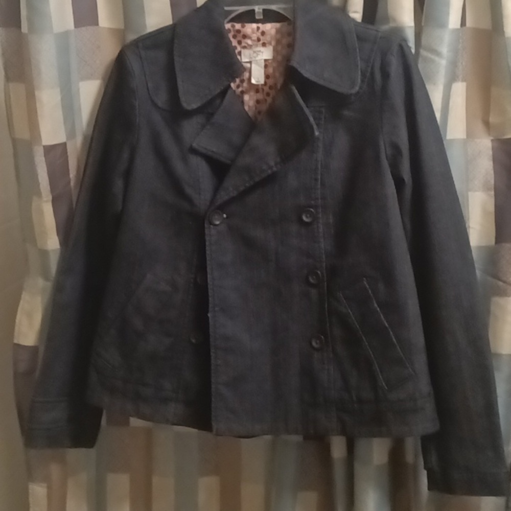 LOFT cotton blend navy denim jacket w rust/white striped polkadot lining Small